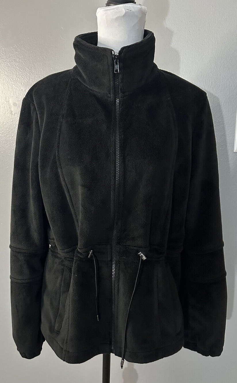 KRISTEN BLAKE Womens L Black Faux Fur Coat Collar Draw String Waist Jacket EUC
